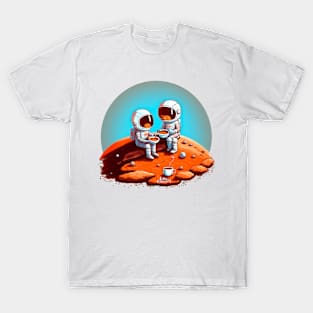 Cute Astronauts drinking coffee on Mars T-Shirt